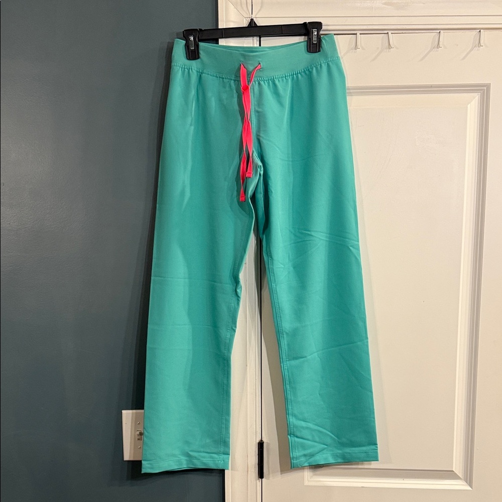 Figs Teal Pants with Pink Drawstring